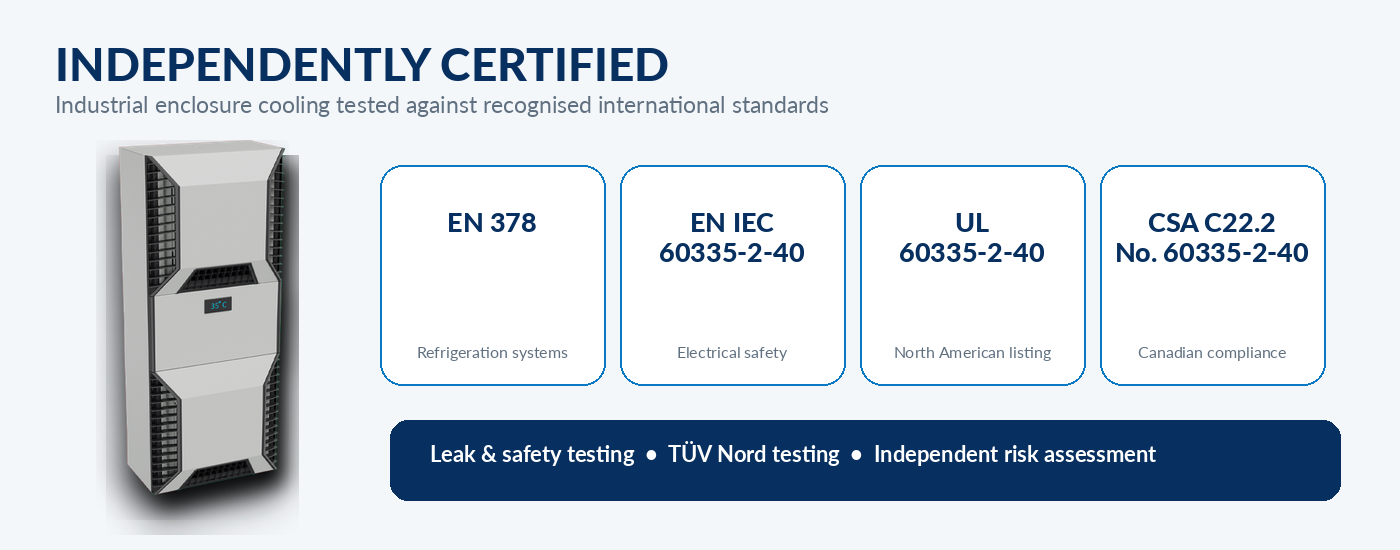 Certification and safety standards for Seifert industrial enclosure cooling units.